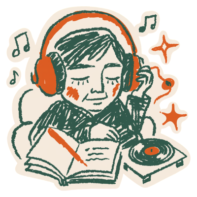 Music curator with headphones on and eyes closed, deeply focused, writing feedback in a notebook with a vinyl record spinning nearby