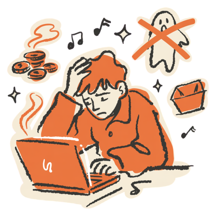 Musician staring at a laptop surrounded by fake playlists, wasted budget coins and empty exposure promises — the moment Intonality was conceived
