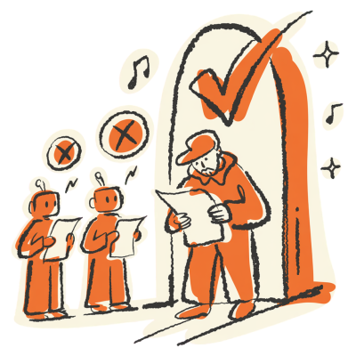 A reviewer with a clipboard and magnifying glass vets a queue of curator applicants at a checkmark archway — only qualified curators pass through