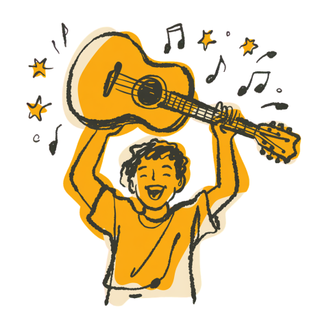 Musician raising guitar overhead in triumph, music notes bursting around them