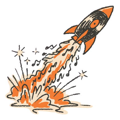 Vinyl record launching like a rocket with music notes trailing behind