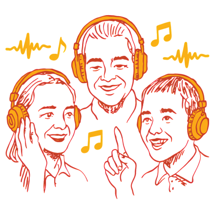 Three music curators wearing headphones, nodding and smiling while listening