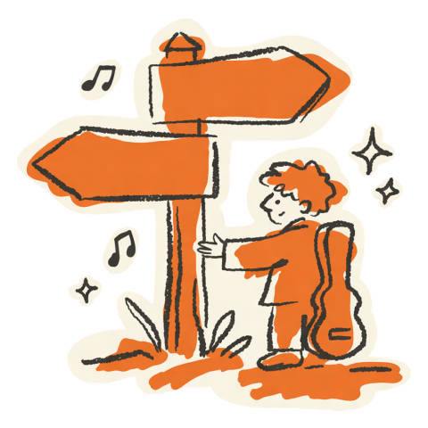 A musician with a guitar case standing at a fork in the path beneath a signpost