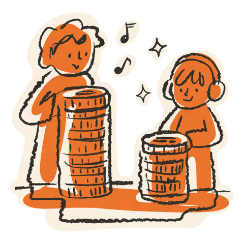 Two stacks of coins side by side, one much taller than the other, a curator standing by each