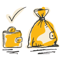 Small wallet with checkmark vs heavy money bag — smart spend vs overspend