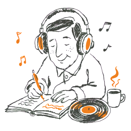 Music curator wearing headphones, writing feedback in a notebook with a vinyl record nearby