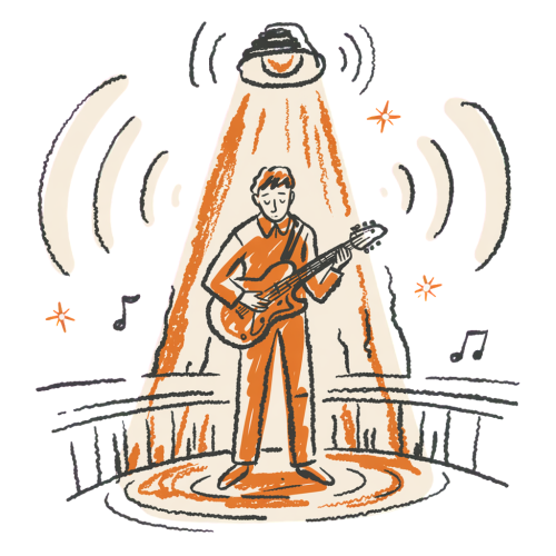 Musician performing on stage under a single spotlight, crowd below, sound waves radiating